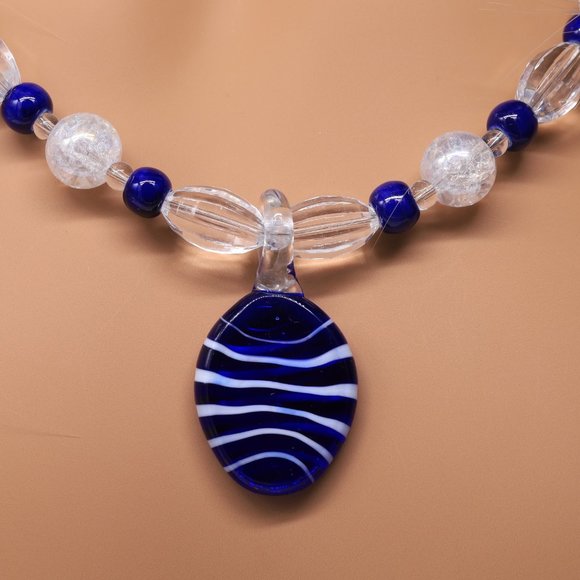 Necklace Crystal Milk Glass Pendent White Blue - Picture 3 of 3